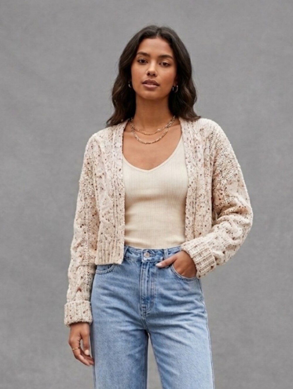 MOON & MADISON Confetti Open Front Cable Knit Cropped Cardigan Sweater Sz Small